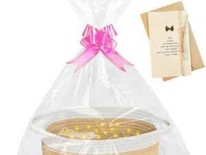 Geburtstags-Präsentkörbe – Geschenkkorb, Geschenkkorb, leer, geflochtener Korb für Geschenke mit Geschenktüten, Grußkarte und Bändern, LED-Geschenkkorb, leer für Babyparty, Geburtstag, Hochzeit, Ostern, Erntedankfest, Weihnachten (Khaki)