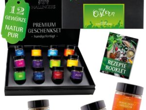 Wurst-Präsentkörbe – Hallingers Frohe Ostergeschenke für Osterkorb zu Ostern, 12 GewürzOstergeschenk Ostergeschenk Handmade in Glasses (Set) – Geschenk zum Muttertag & Geschenkideen zum Vatertag | Glückwünsche zum Geburtstag