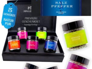 Wein-Präsentkörbe – Hallingers Genuss Manufaktur Gewürz-Geschenkset – 5 Premium Salze & Pfeffer zum Grillen & BBQ in edler Geschenkbox, Gewürzset „Salz & Pfeffer“, Geschenkidee für Männer & Grillfans auch zu Weihnachten