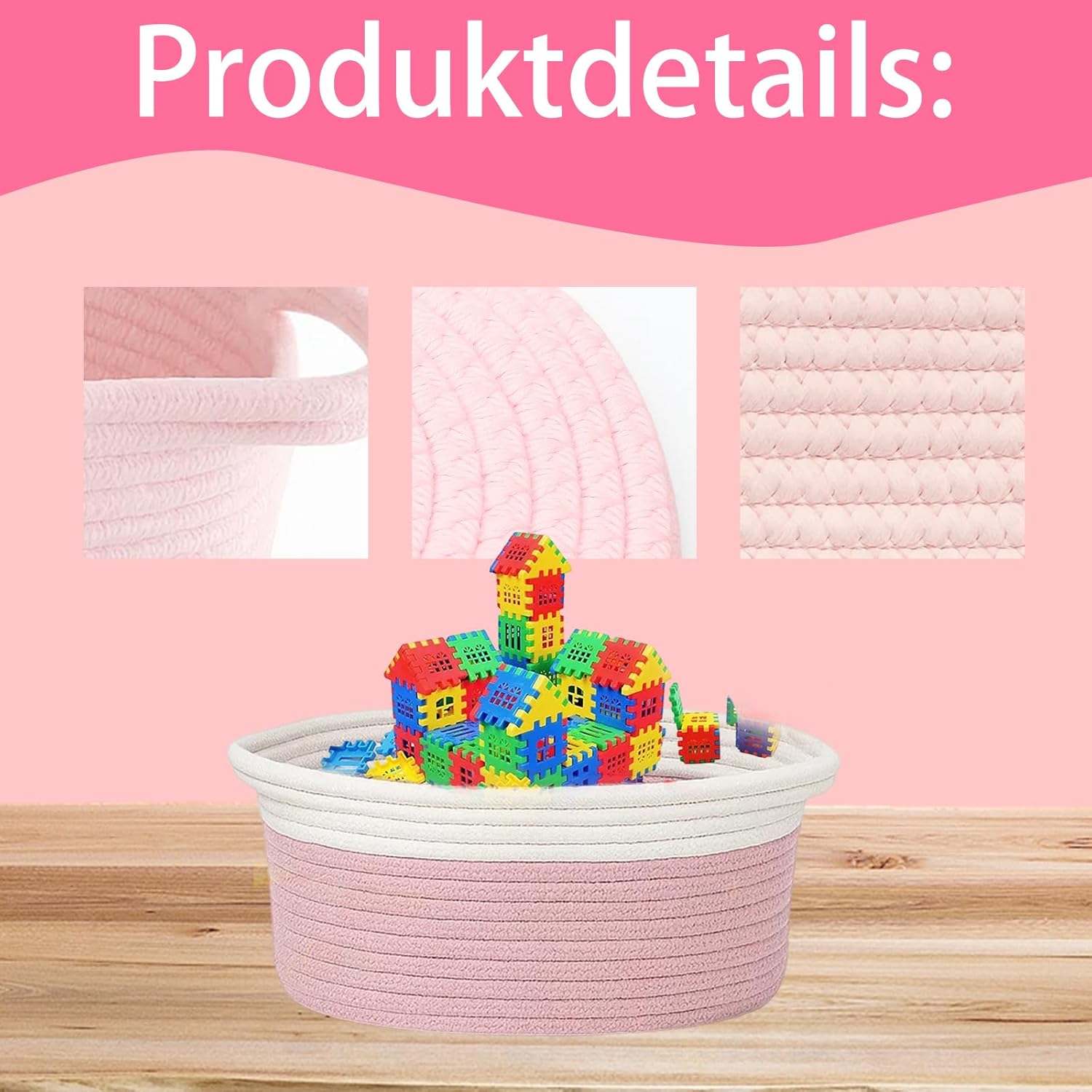 Geburtstags-Präsentkörbe - Leerer Geschenkkorb, Aufbewahrungskorb mit 1 Geschenktüte & Bändern – geflochtener Baumwollkorb als Geschenkkorb für Geburtstag, Hochzeit, Babyparty, Weihnachten – 1er-Set (Rosa) – Bild 4