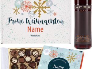 Wein-Präsentkörbe – Herz & Heim® Bree Wein Merlot 0,25L Geschenkset mit Pralinen und Geschenkbox personalisiert