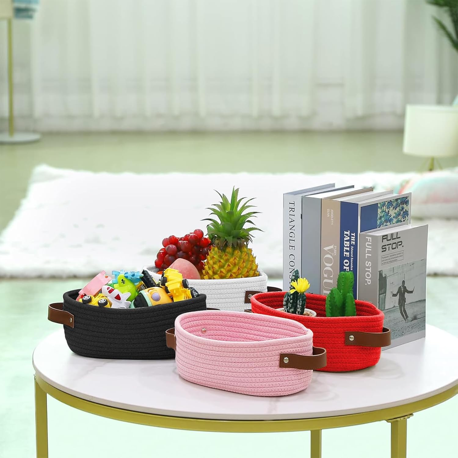 Geburtstags-Präsentkörbe - Rotes Geschenkkorb-Set, Geschenkkorb aus Baumwollseil mit Ledergriff, geflochtener Aufbewahrungskorb mit 3 Schleifen, 3 Taschen und Bast für Babyparty, Geburtstage, Einweihungsparty (30 x 20 x 12,5 cm) – Bild 7