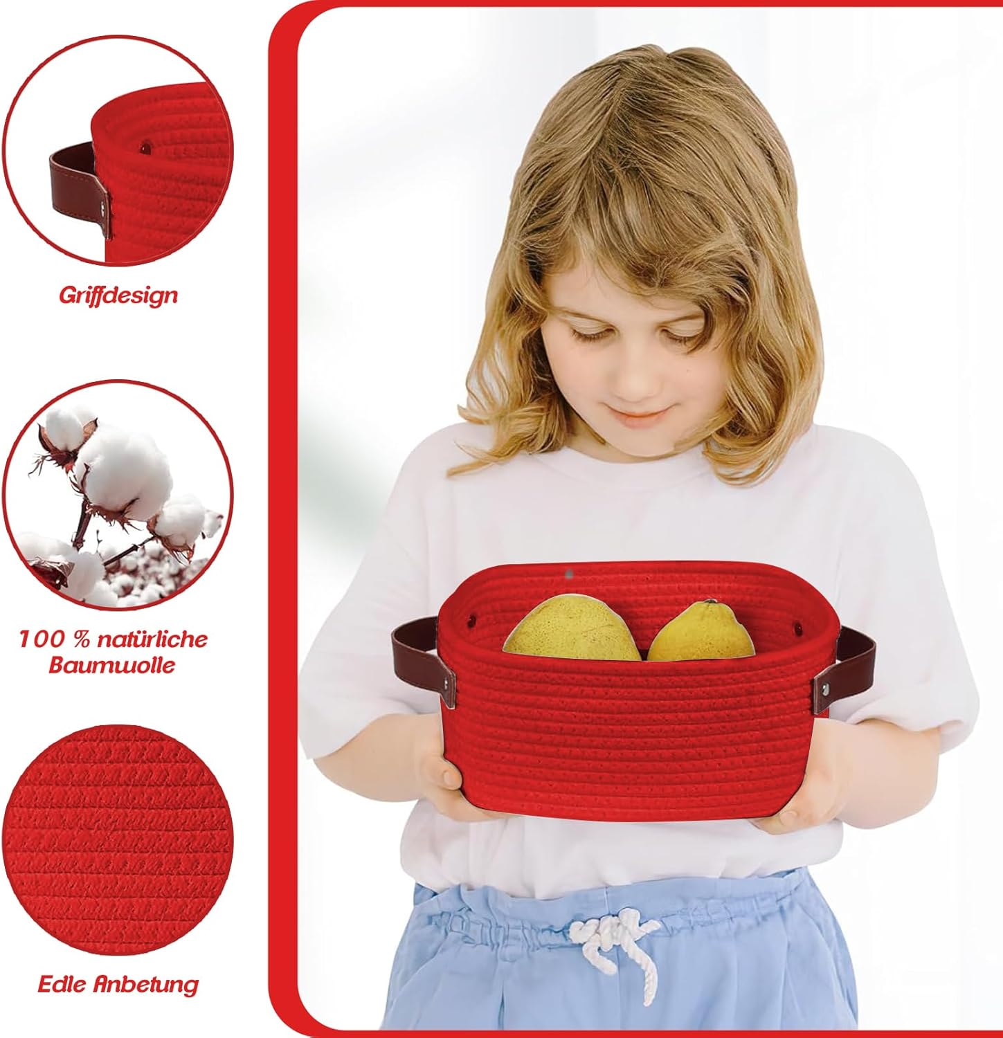 Geburtstags-Präsentkörbe - Rotes Geschenkkorb-Set, Geschenkkorb aus Baumwollseil mit Ledergriff, geflochtener Aufbewahrungskorb mit 3 Schleifen, 3 Taschen und Bast für Babyparty, Geburtstage, Einweihungsparty (30 x 20 x 12,5 cm) – Bild 3