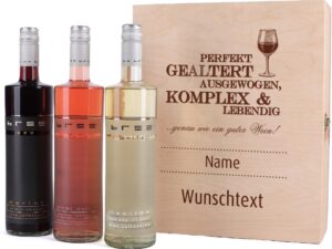 Wein-Präsentkörbe – Privates Wein-Geschenkset mit 3 Flaschen Bree in eleganter Holzbox mit kostenlosem Aufdruck