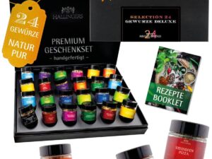 Wurst-Präsentkörbe – Hallingers Genuss Manufaktur Gewürz-Geschenkset – 24 Premium-Gewürze aus aller Welt, edle Geschenkbox, handgefertigt, ideale Geschenkidee für Männer & Frauen, Geburtstag, Advent & Weihnachten