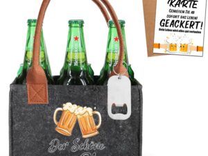 Bier-Präsentkörbe – Herren-Bierhandtasche mit Flaschenöffner und Grußkarten – Biertasche aus hochwertigem Filz für 6 Bierflaschen – witziges Geschenk für Kollegen, Freunde & Männer, Geschenk zum Ruhestand