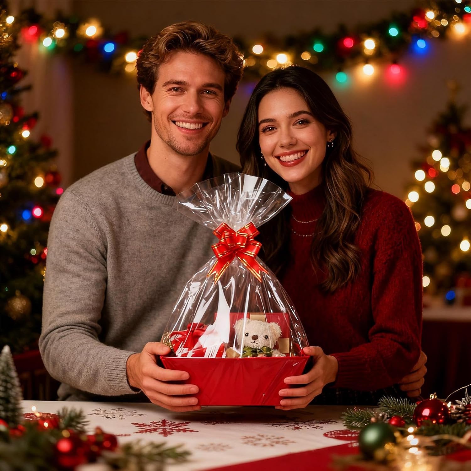 Geburtstags-Präsentkörbe - Weihnachtskörbe, leerer Geschenkkorb, roter Karton, Weihnachtsdekoration mit Griffen und Schleifen, festlicher Korb für Kinder, Erwachsene, Familie, Freunde, Geburtstage, Partys, Halloween, Neujahr – Bild 3