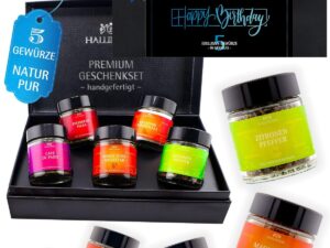 Wurst-Präsentkörbe – Hallingers Genuss Manufaktur Grillgewürz-Geschenkset Geburtstag – 5 Premium-Gewürze zum Grillen & BBQ in edler Geschenkbox, Gewürzset „Happy Birhday“, Geburtstagsgeschenk für Männer & Grillfans