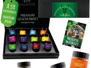 Wurst-Präsentkörbe – Hallingers Genuss Manufaktur Wildgewürze Geschenkset – 12 ausgewählte Wild- & Jagdgewürze im Glas, edle Geschenkbox für Wildgerichte, Gewürzset „Waidmannsheil XL“, Geschenkidee für Jäger zu Weihnachten