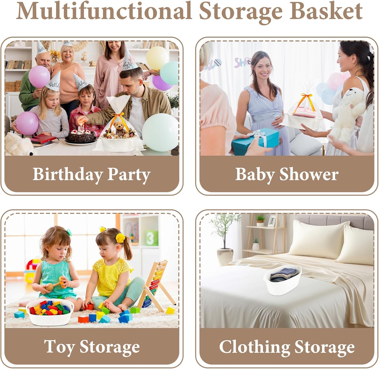 Geburtstags-Präsentkörbe - Leerer Geschenkkorb, Aufbewahrungskorb, geflochtener Korb für Geschenke mit Geschenktüten und Bändern, leerer Geschenkkorb für Babyparty, Geburtstag, Hochzeit, Ostern, Erntedankfest, Weihnachten (weiß) – Bild 6