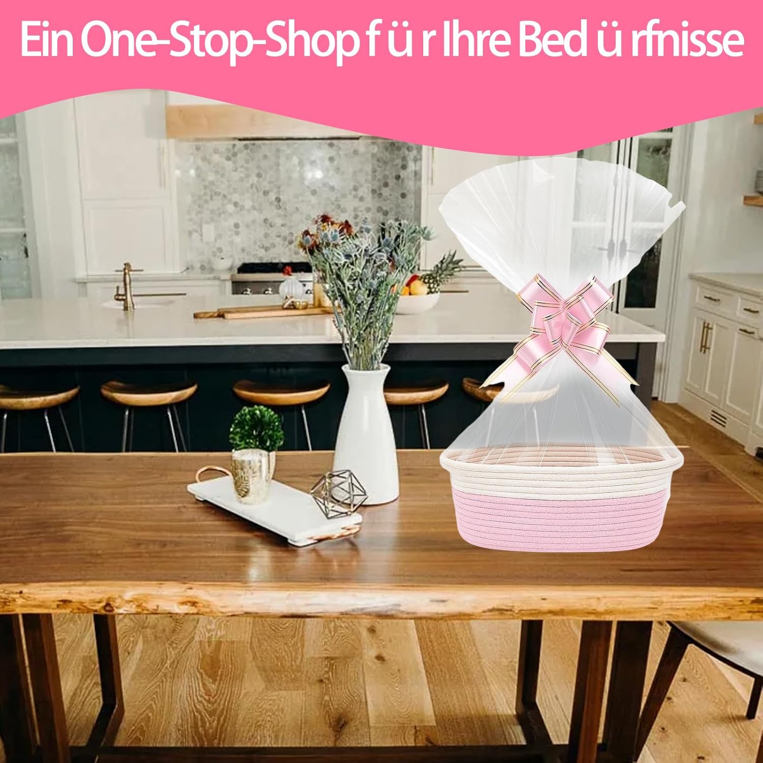 Geburtstags-Präsentkörbe - Leerer Geschenkkorb, Aufbewahrungskorb mit 1 Geschenktüte & Bändern – geflochtener Baumwollkorb als Geschenkkorb für Geburtstag, Hochzeit, Babyparty, Weihnachten – 1er-Set (Rosa) – Bild 6