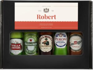 Bier-Präsentkörbe – Biergeschenk personalisiert mit Namen – Vatertagsgeschenk personalisiert – Biergeschenke für Männer mit internationalem Bier