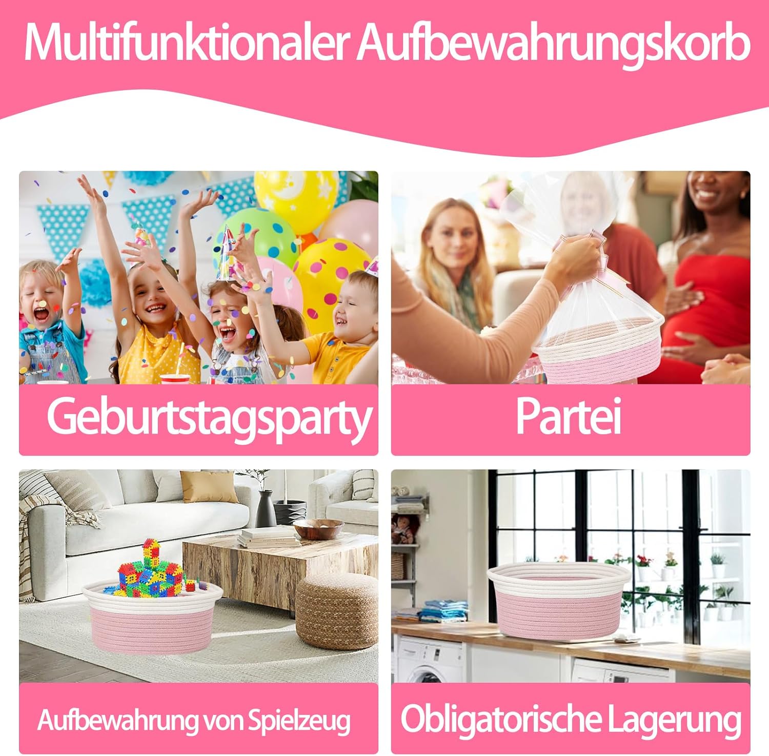 Geburtstags-Präsentkörbe - Leerer Geschenkkorb, Aufbewahrungskorb mit 1 Geschenktüte & Bändern – geflochtener Baumwollkorb als Geschenkkorb für Geburtstag, Hochzeit, Babyparty, Weihnachten – 1er-Set (Rosa) – Bild 7