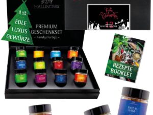 Wurst-Präsentkörbe – Hallingers Genuss Manufaktur Gewürz-Geschenkset – 12 Premium-Gewürze im Glas, elegante Geschenkbox zum Kochen & Grillen, handverlesene Vielfalt, perfekte Weihnachtsgeschenkidee für Männer & Frauen