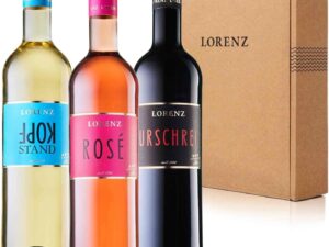 Wein-Präsentkörbe – Bioweingut Lorenz Wein-Geschenkpaket | Auszeichnung Weinkritiker Eichelmann: „Starke Kollektion“ | Rot, Weiß, Rose | Design: Einzigartig! | Bio-zertifiziert | Nachhaltige FSC-Verpackung | 3 x 0,75 Liter