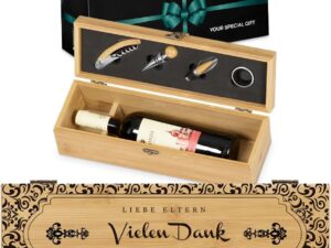 Wein-Präsentkörbe – Murrano Wein-Geschenkbox für 0,7 l Weinflasche, + Druck, + 4 Weinzubehör, Bambus-Weinset, 36 x 11 x 11,5 cm, braun, Hochzeitsgeschenk