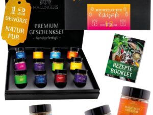 Wurst-Präsentkörbe – Herzliche Ostergrüße von Hallingers – Ostergeschenke für Osterkörbe zu Ostern, 12 Gewürze Oster-Geschenkset handgefertigt in Gläsern (Set) – Geschenk zum Muttertag & Geschenkideen zum Vatertag |