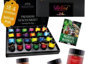Wurst-Präsentkörbe – Hallingers Genuss Manufaktur Gewürz-Geschenkset – 24 Premium-Gewürze aus aller Welt im Glas, edle Geschenkbox, Gewürzset „Auswahl“, Geschenkidee für Männer und Frauen, auch zu Weihnachten