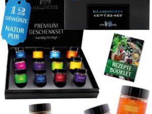 Wurst-Präsentkörbe – Hallingers Genuss Manufaktur Gewürz-Geschenkset – 12 Premium-Gewürze im Glas, edle Geschenkbox zum Kochen & Grillen, Gewürzset „Classic Nr. 2“, Geschenkidee für Männer, Geburtstag & Weihnachten
