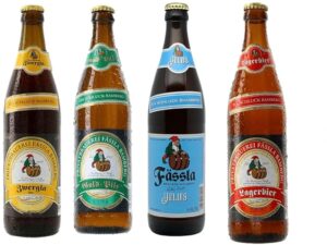 Bier-Präsentkörbe – Fässla Bier-Probierpaket mit 6 Flaschen à 0,5 Liter und Biergartendeckeln