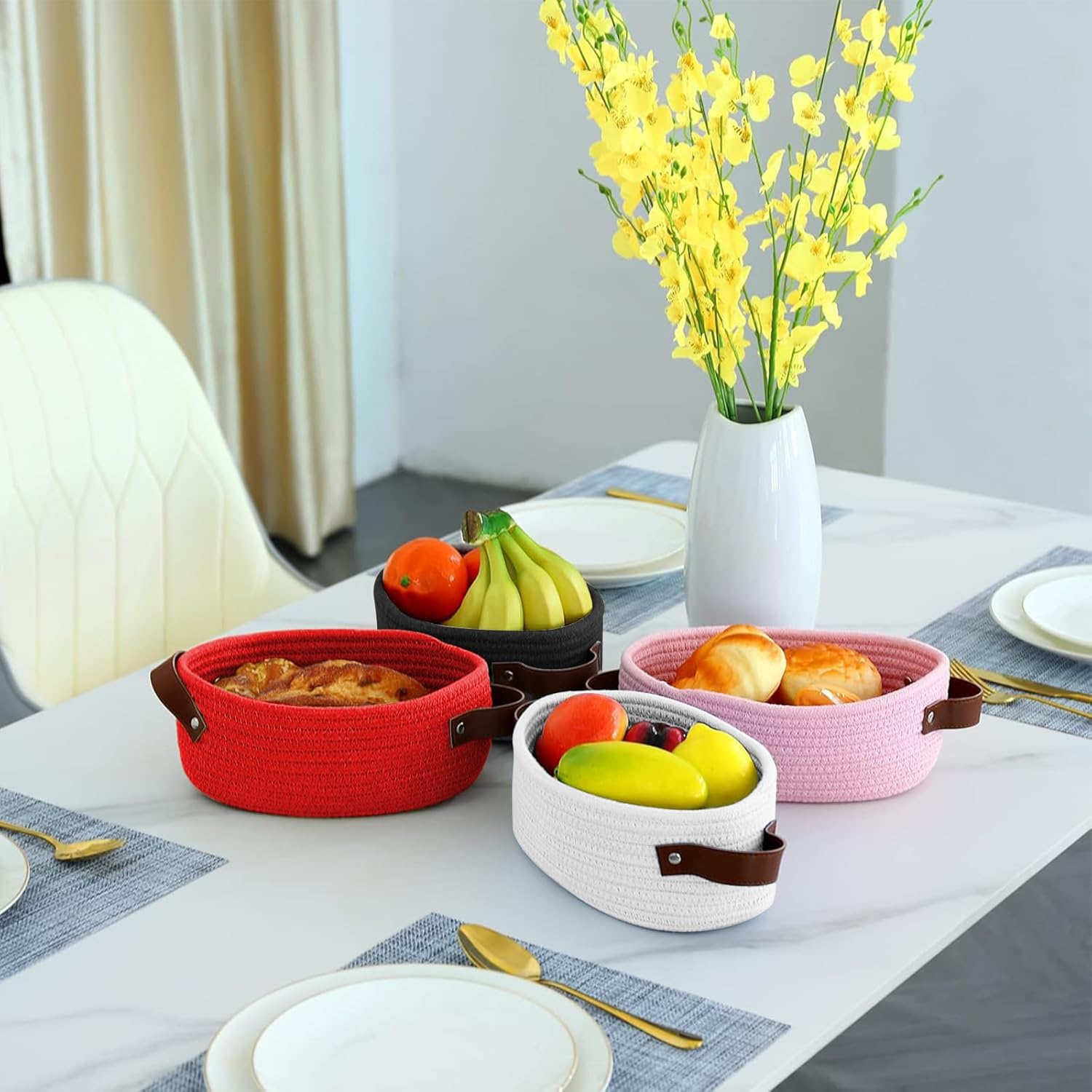 Geburtstags-Präsentkörbe - Rotes Geschenkkorb-Set, Geschenkkorb aus Baumwollseil mit Ledergriff, geflochtener Aufbewahrungskorb mit 3 Schleifen, 3 Taschen und Bast für Babyparty, Geburtstage, Einweihungsparty (30 x 20 x 12,5 cm) – Bild 6