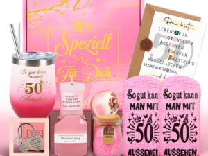 Geburtstags-Präsentkörbe – Geschenke zum 50. Geburtstag für Frauen, Geburtstagsgeschenk für Frauen, personalisierte Geschenke, Geschenkset zum 50. Geburtstag, Rituale, Frau, für Freundin, Schwester, Ehefrau, Mutter, Kollegin