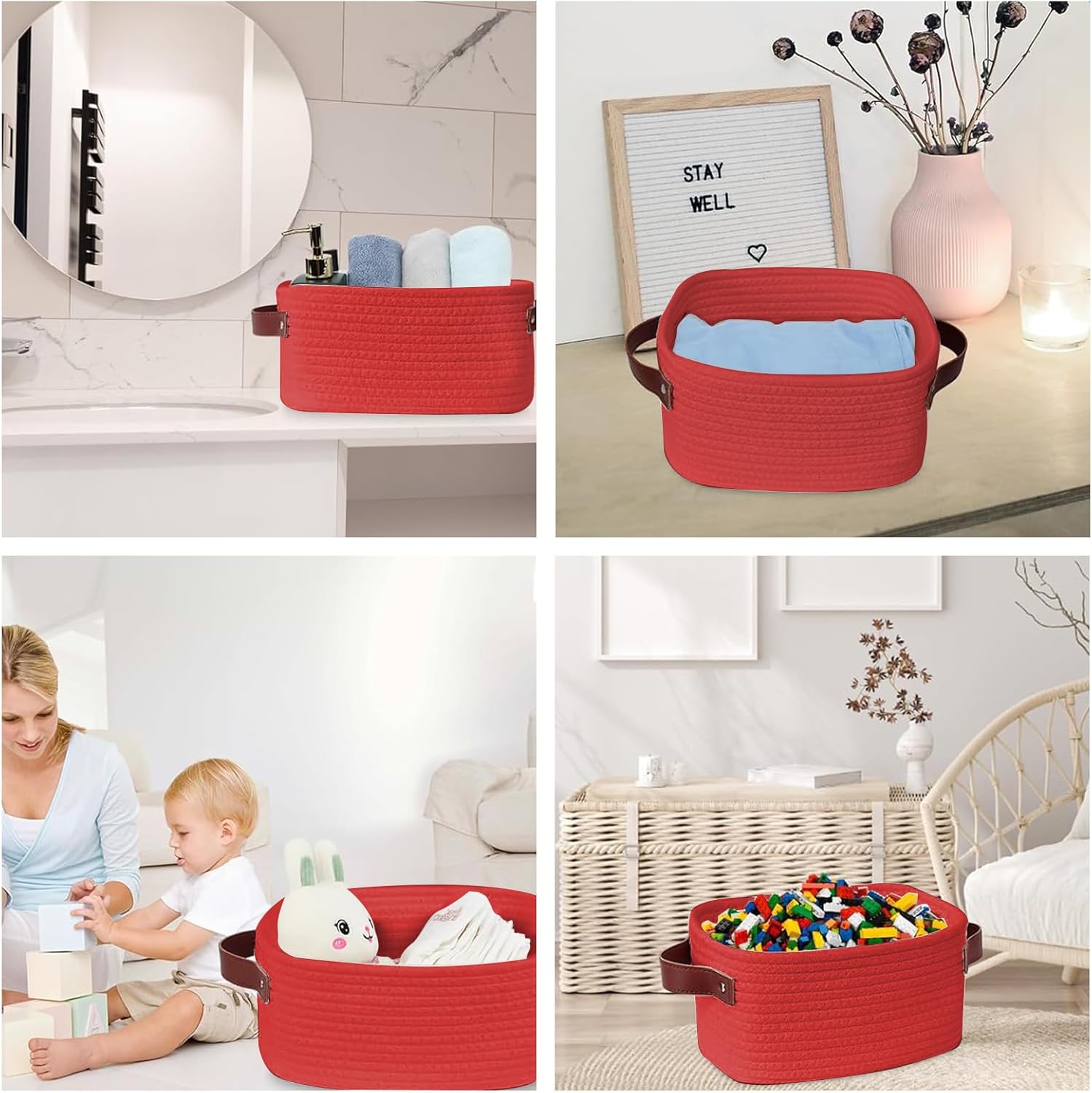Geburtstags-Präsentkörbe - Rotes Geschenkkorb-Set, Geschenkkorb aus Baumwollseil mit Ledergriff, geflochtener Aufbewahrungskorb mit 3 Schleifen, 3 Taschen und Bast für Babyparty, Geburtstage, Einweihungsparty (30 x 20 x 12,5 cm) – Bild 5