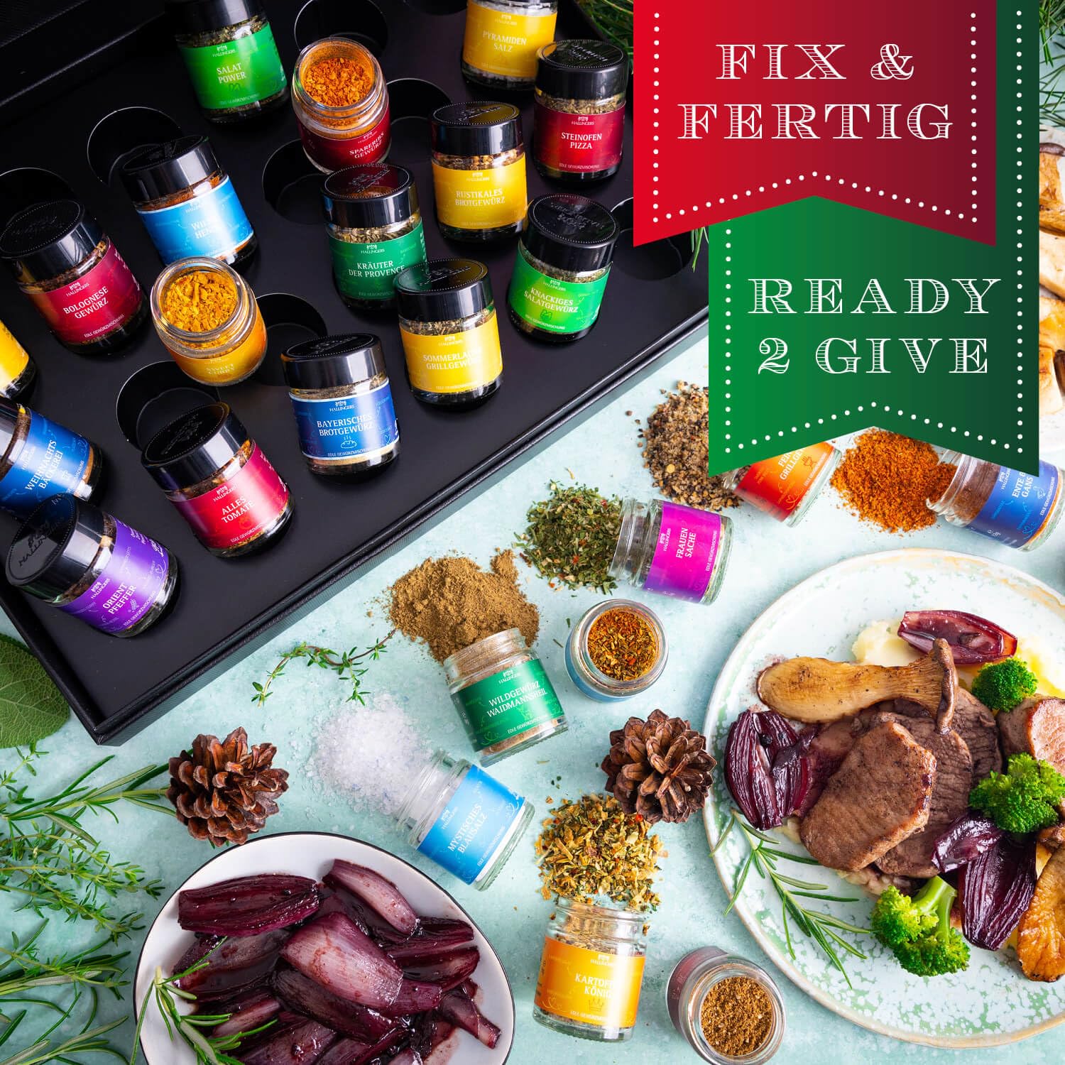 Wurst-Präsentkörbe - Hallingers Genuss Manufaktur Gewürz-Geschenkset Weihnachten – 24 Premium-Gewürze aus aller Welt im Glas, edle Geschenkbox, Gewürzset „Frohes Fest“, Weihnachtsgeschenkidee für Männer und Frauen – Bild 3