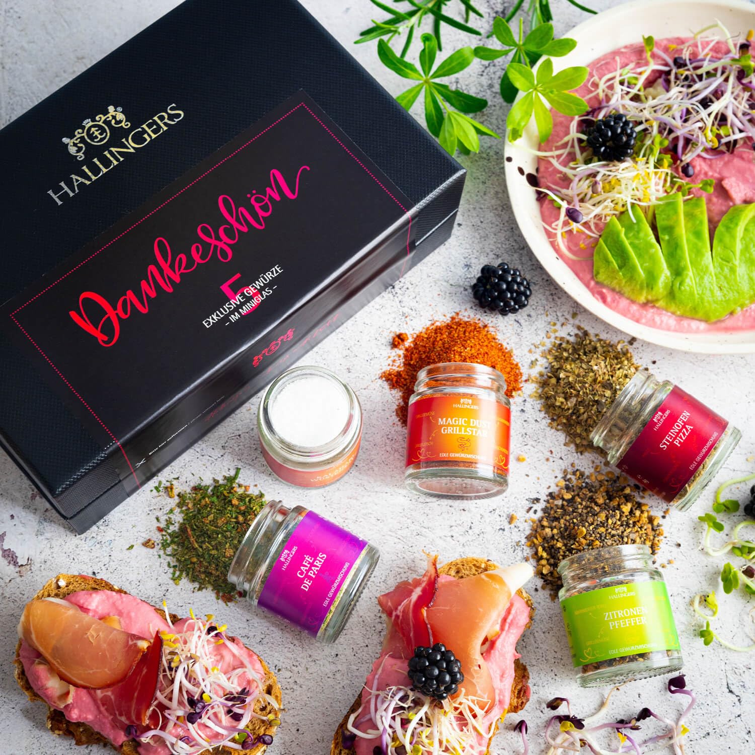 Wurst-Präsentkörbe - Hallingers Genuss Manufaktur Grillgewürz-Geschenkset Dankeschön – 5 Premium-Gewürze zum Grillen & BBQ in edler Geschenkbox, Gewürzset „Dankeschön“, Geschenkidee für Männer & Grillfans, auch zu Weihnachten – Bild 2