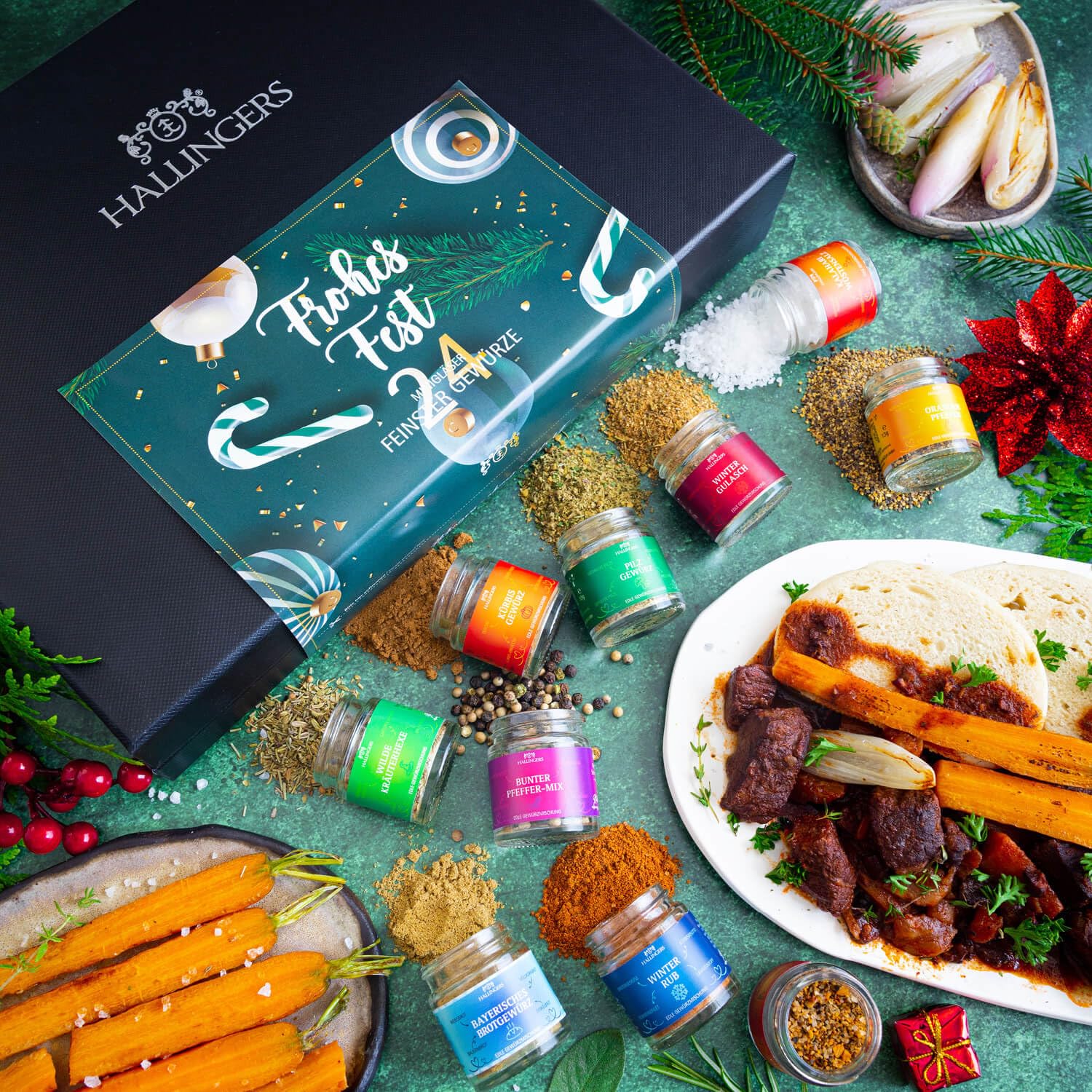 Wurst-Präsentkörbe - Hallingers Genuss Manufaktur Gewürz-Geschenkset Weihnachten – 24 Premium-Gewürze aus aller Welt im Glas, edle Geschenkbox, Gewürzset „Frohes Fest“, Weihnachtsgeschenkidee für Männer und Frauen – Bild 2