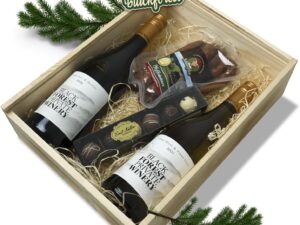 Wurst-Präsentkörbe – Schwarzwald Metzgerei Schaufler Badische Weinbox – Rot- und Weißwein mit Pralinen und Snackwurst-Pfefferhäppchen im 4er-Set