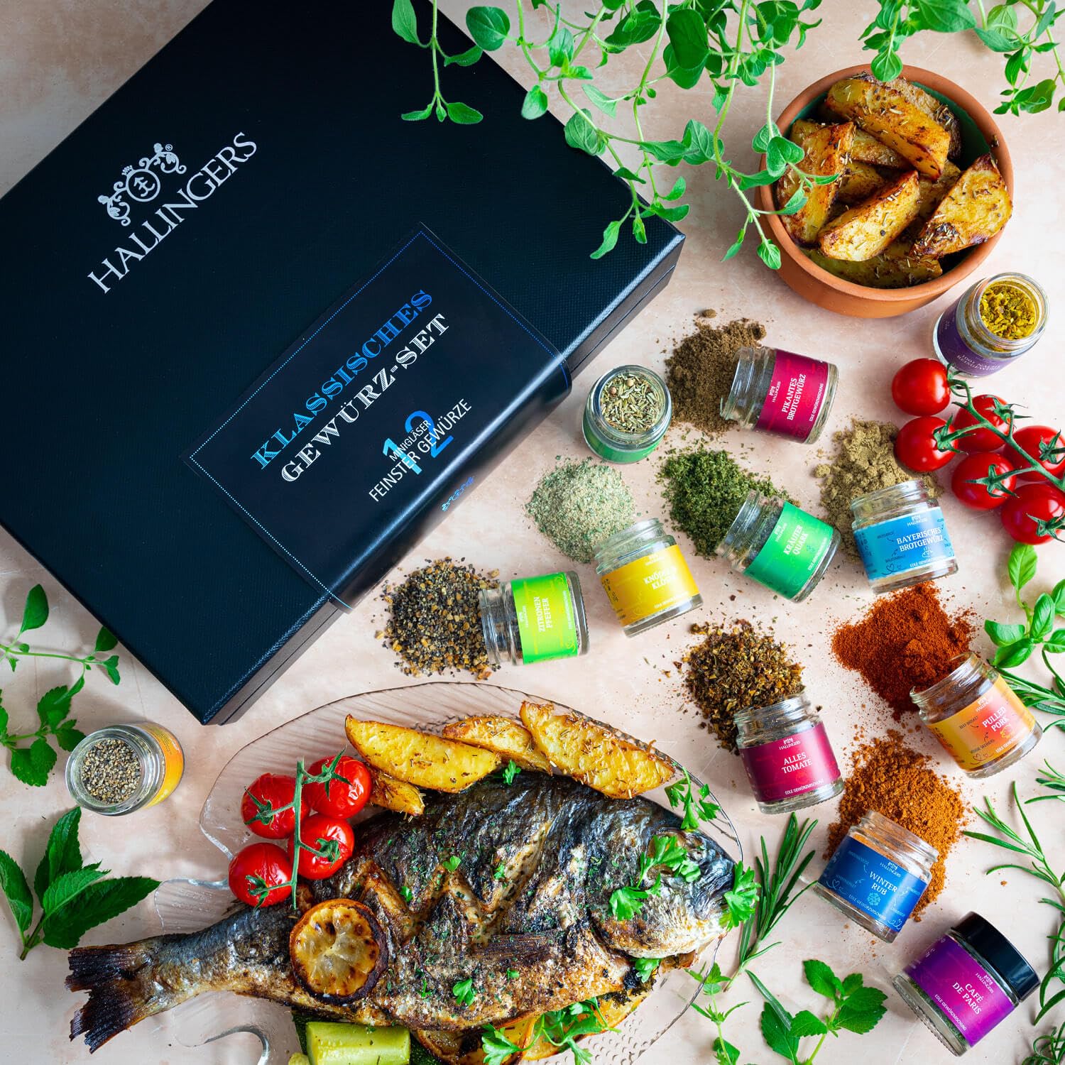 Wurst-Präsentkörbe - Hallingers Genuss Manufaktur Gewürz-Geschenkset – 12 Premium-Gewürze im Glas, edle Geschenkbox zum Kochen & Grillen, Gewürzset „Classic Nr. 2“, Geschenkidee für Männer, Geburtstag & Weihnachten – Bild 2