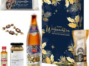 Wurst-Präsentkörbe – Geschenkset „Weihnachtszauber“ – 2 Präsente mit Bier, Salami, Senf, Blutkraut & Konfekt – Genusswelten Kasberger Feinkost Geschenk