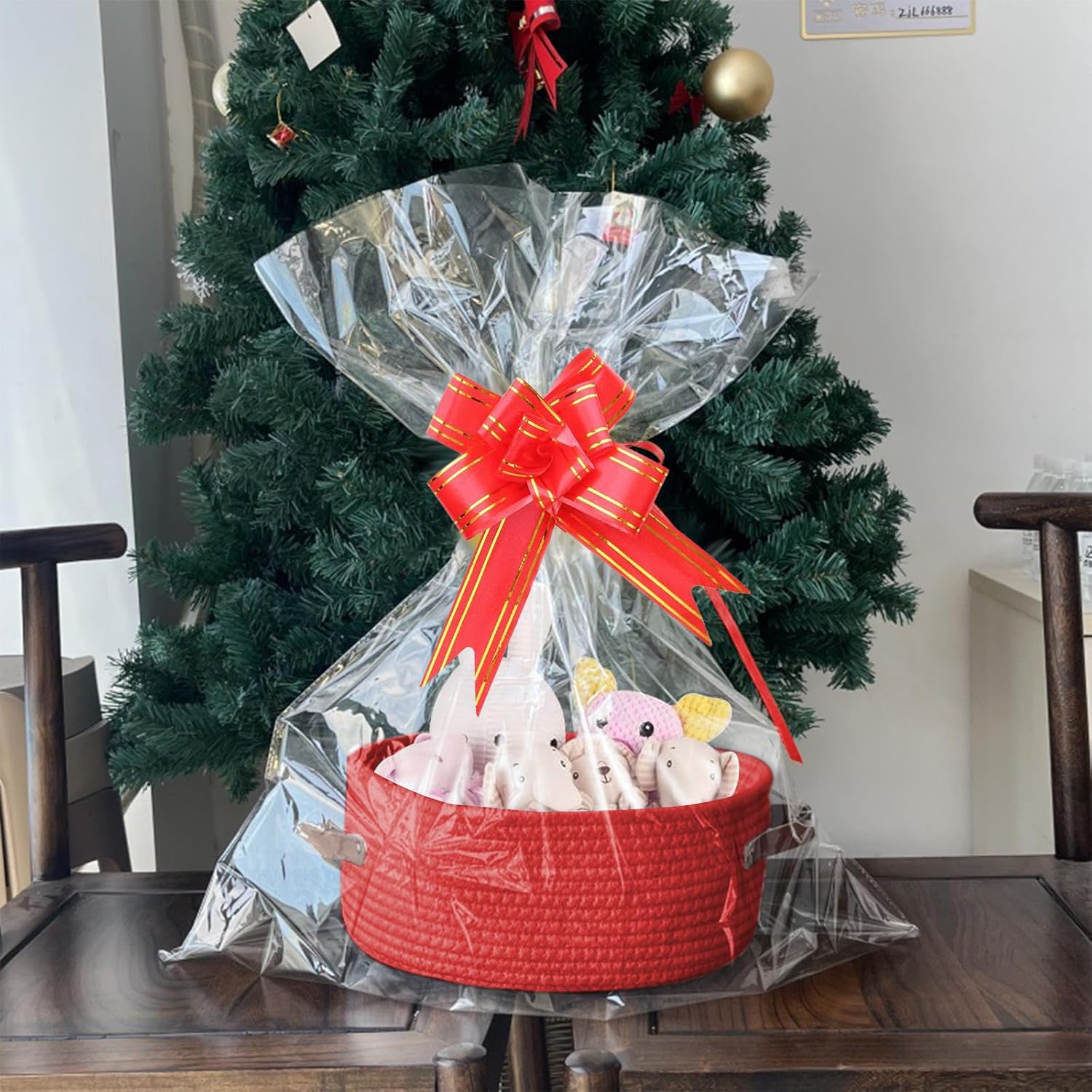 Geburtstags-Präsentkörbe - Rotes Geschenkkorb-Set, Geschenkkorb aus Baumwollseil mit Ledergriff, geflochtener Aufbewahrungskorb mit 3 Schleifen, 3 Taschen und Bast für Babyparty, Geburtstage, Einweihungsparty (30 x 20 x 12,5 cm) – Bild 4