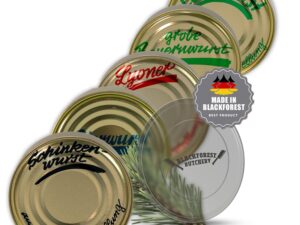 Wurst-Präsentkörbe – Schwarzwald Metzgerei: 5 x Dosen Wurstspezialitäten im Set – mit Frischedeckel – 5 x 400 g Dosenwürste – Lyoner, Leberwurst, Schinkenwurst, Bierwurst grobe Bauernwurst – mit 1 Jahr