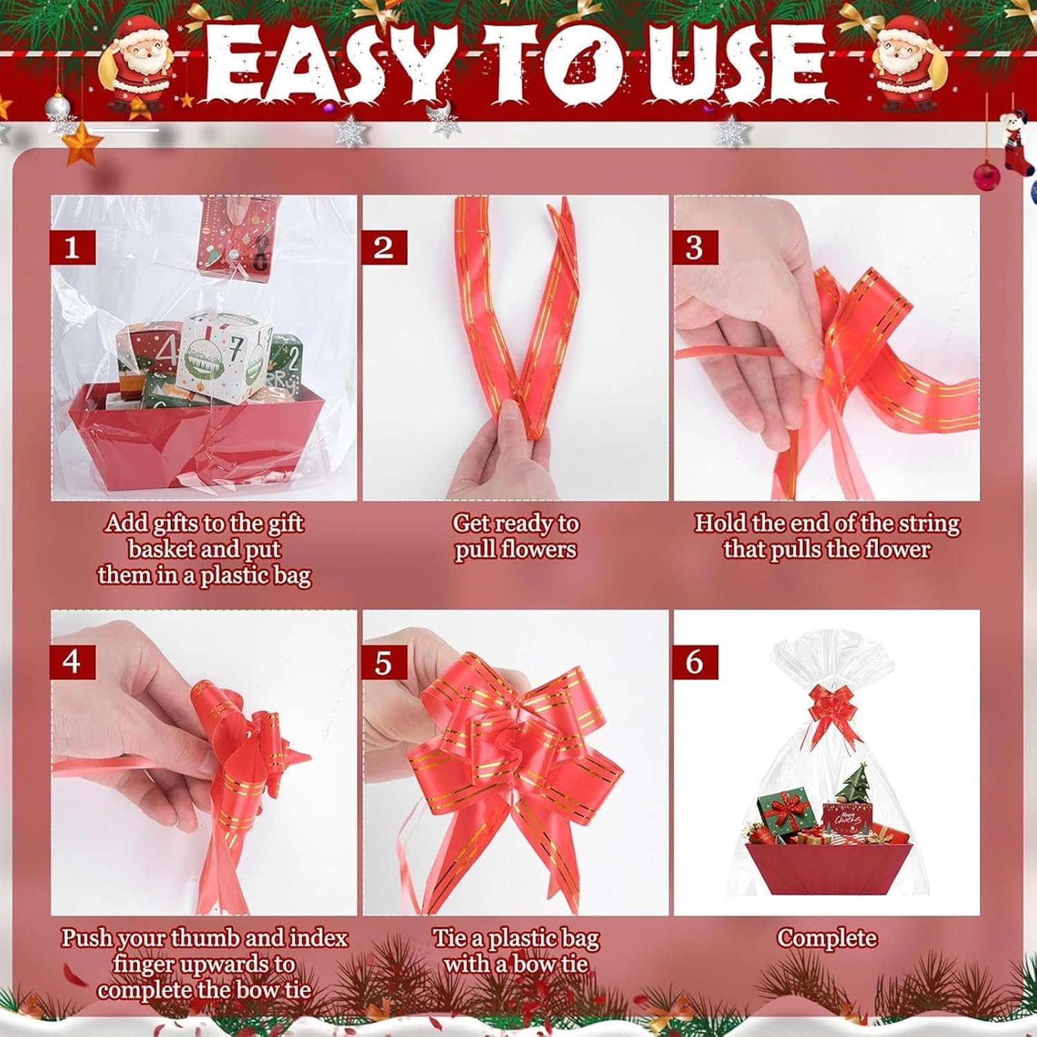 Geburtstags-Präsentkörbe - Weihnachtskörbe, leerer Geschenkkorb, roter Karton, Weihnachtsdekoration mit Griffen und Schleifen, festlicher Korb für Kinder, Erwachsene, Familie, Freunde, Geburtstage, Partys, Halloween, Neujahr – Bild 8