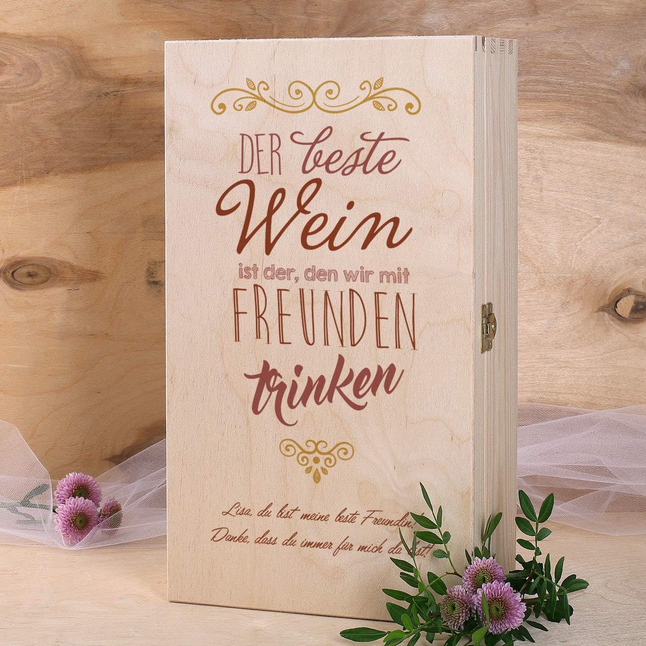 Wein-Präsentkörbe - Herz & Heim® Wein-Geschenkset mit graviertem Weinglas, Bree-Wein zur Auswahl, in Geschenkbox für beste Freunde, Rosé – Bild 4
