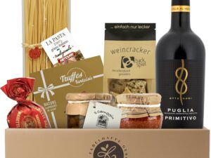 Wein-Präsentkörbe – Geschenkkorb Kulinarisches Italien gefüllt mit trockenem Rotwein und italienischen Köstlichkeiten Pasta, Pesto, Oliven, Weincracker, Trüffel, Geschenkkorb für Männer und Frauen zum Geburtstag, Weihnachten