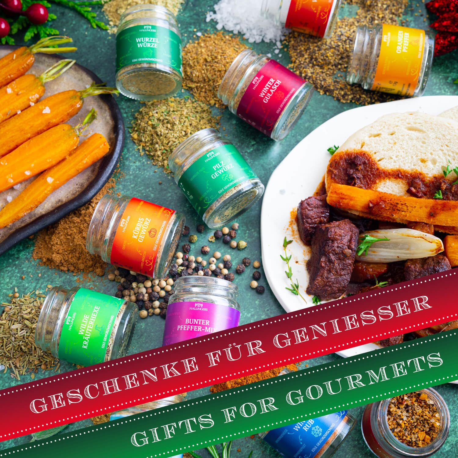 Wurst-Präsentkörbe - Hallingers Genuss Manufaktur Gewürz-Geschenkset Weihnachten – 24 Premium-Gewürze aus aller Welt im Glas, edle Geschenkbox, Gewürzset „Frohes Fest“, Weihnachtsgeschenkidee für Männer und Frauen – Bild 4