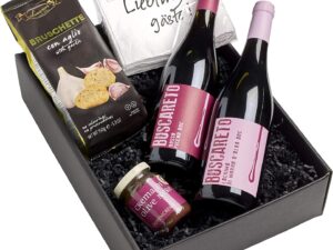 Wein-Präsentkörbe – freund Präsente Kochbox „Rosso“ mit Rotwein (2 x 0,75 L) trocken, Bruschettine zum Knabbern, Sahne zum Dippen und Servietten
