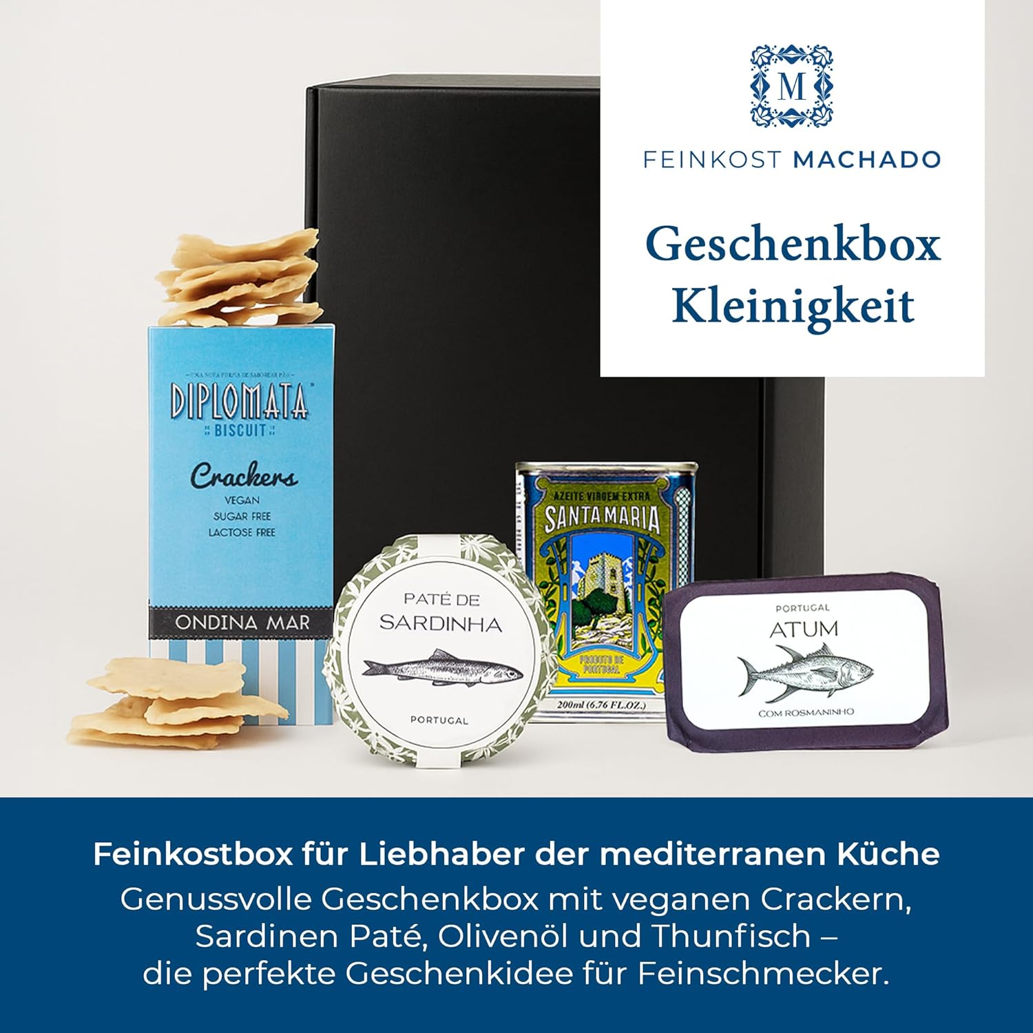 Feinkost Machado Small Gift Box | Cracker, Olive Oil, Tuna with Rosemary & Sardines Paté | Portuguese Delicatessen for Pleasure Moments - Perfect as a Gift – Bild 2