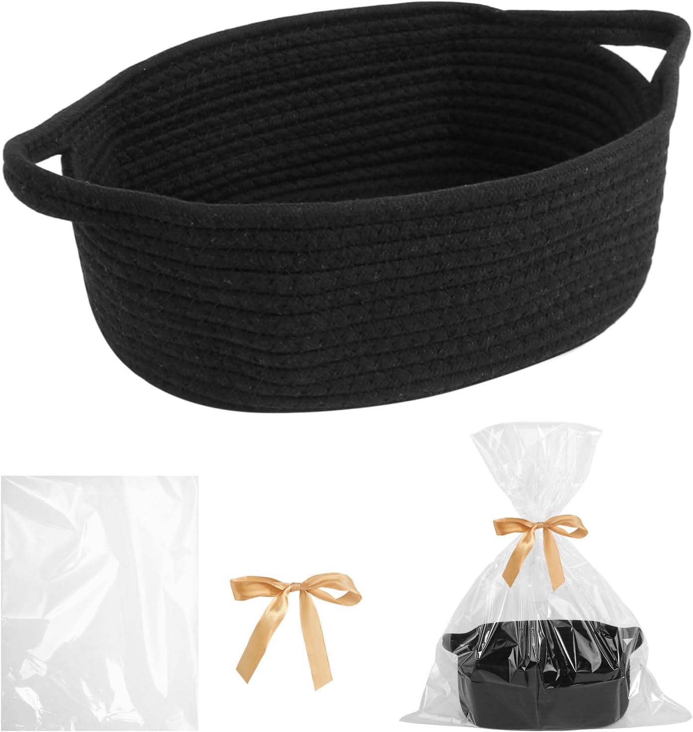 Empty Gift Basket, Cotton Organiser Storage Basket, Braided Basket with Gift Bags and Ribbons, Black Gift Basket, Empty for Wedding, Christmas, Birthday