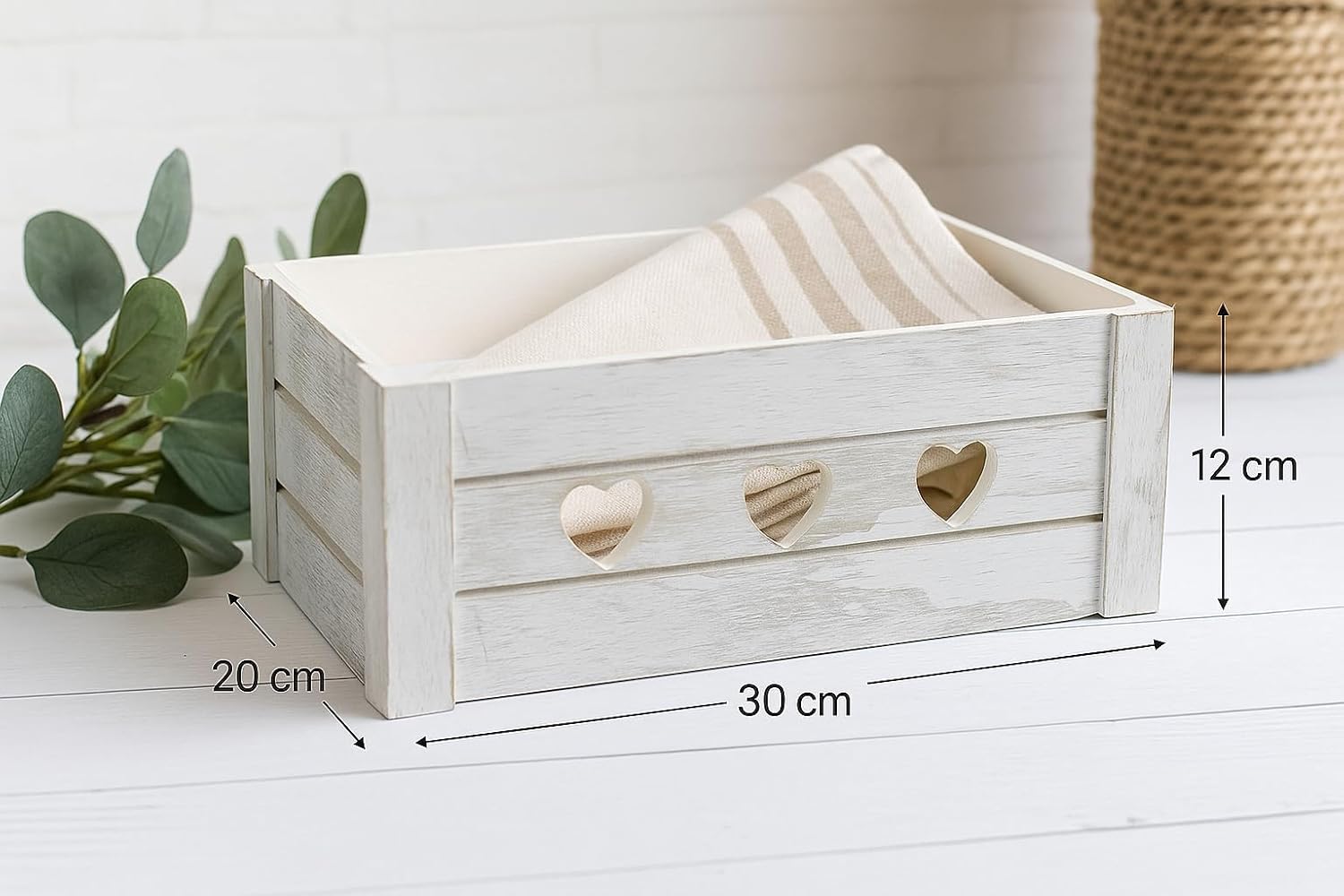 khevga Wooden Box with Heart Appliqués - Wedding Gift & Wooden Gift Box 30 x 20 x 12 cm - Whitewashed Decorative Box in Vintage Shabby Chic Style – Bild 4