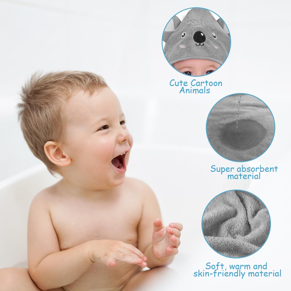 Aolso Baby Hooded Towel, 80 x 80 cm, Baby Bath Towel Set, Baby Towel with Hood, Soft and Absorbent, Coral Fleece Bathrobe for Newborns and Infants, Grey – Bild 3