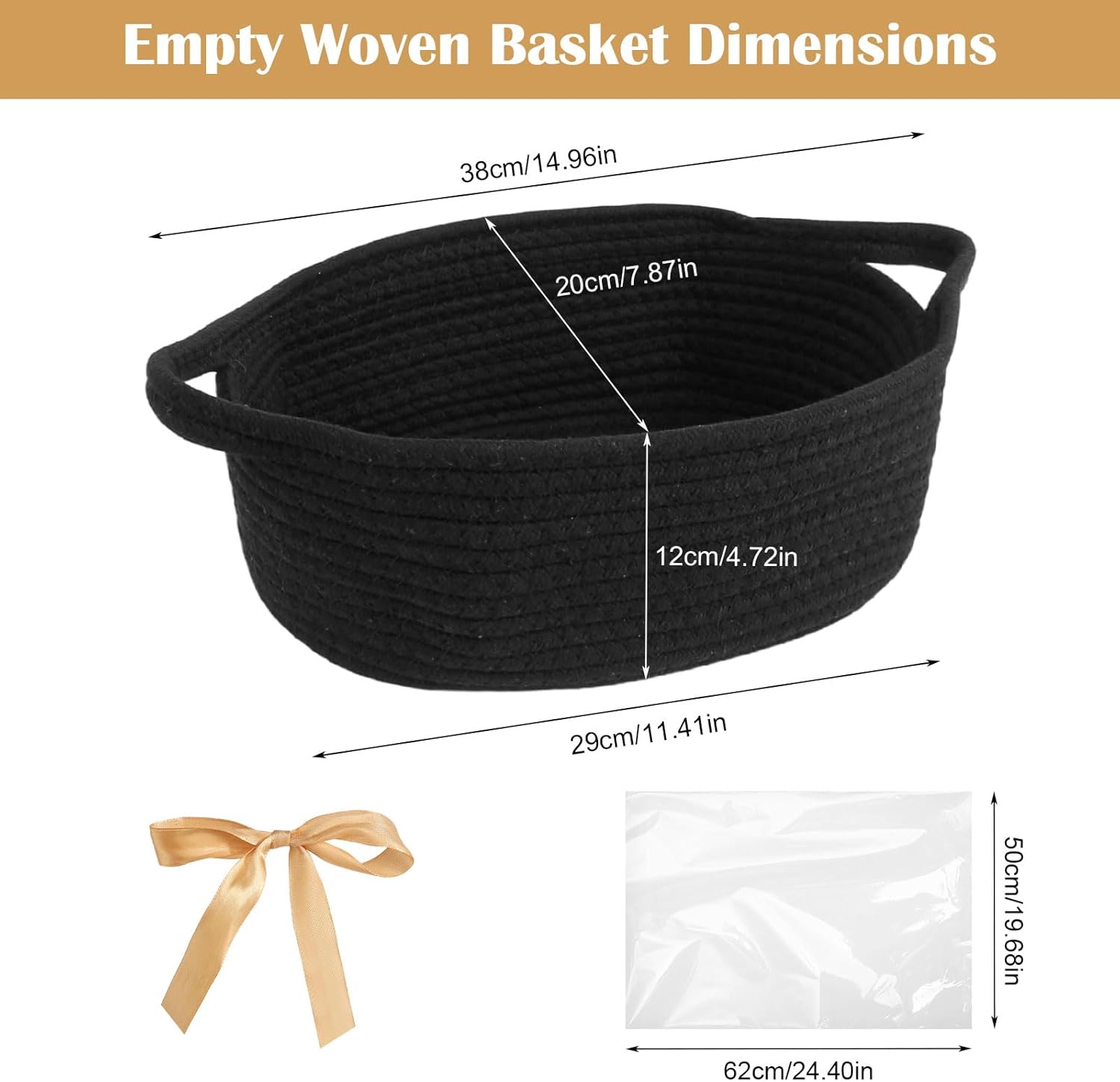 Empty Gift Basket, Cotton Organiser Storage Basket, Braided Basket with Gift Bags and Ribbons, Black Gift Basket, Empty for Wedding, Christmas, Birthday – Bild 2