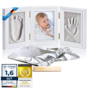 all Kids United Baby Picture Frame Imprint Set – Plaster Print Photo Frame for Hand Print, Foot Print & Photos; Gift Set for Birth, Christening, Baby Part, etc. 3-Piece White (Plaster)