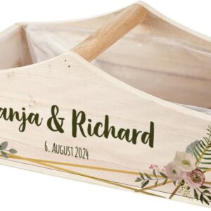 Herz & Heim Gift Basket with Print or Engraving for Wedding, Year or Valentine’s Day (Name & Date with Flowers)