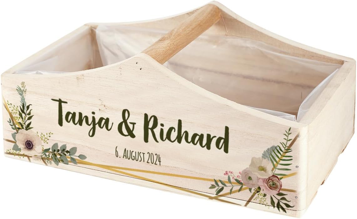 Herz & Heim Gift Basket with Print or Engraving for Wedding, Year or Valentine's Day (Name & Date with Flowers)