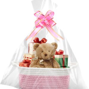 Empty Gift Basket, 30 x 20 x 12 cm, Braided Basket with Gift Bags and Ribbons, Empty Gift Basket for Christmas, Birthday, Wedding, Storage Basket, Decorative Basket (Pink)