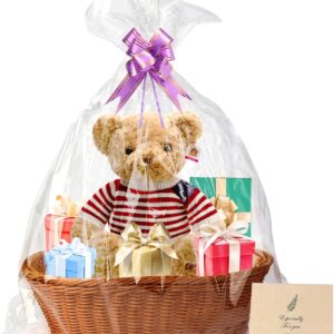 Boensi Gift Basket, 38 x 28 x 12 cm, Empty Presentation Basket with 1 x Basket, 4 x Bows, 1 x Cellophane Bag, 1 x Greeting Card for Christmas, Birthdays, Weddings, Easter